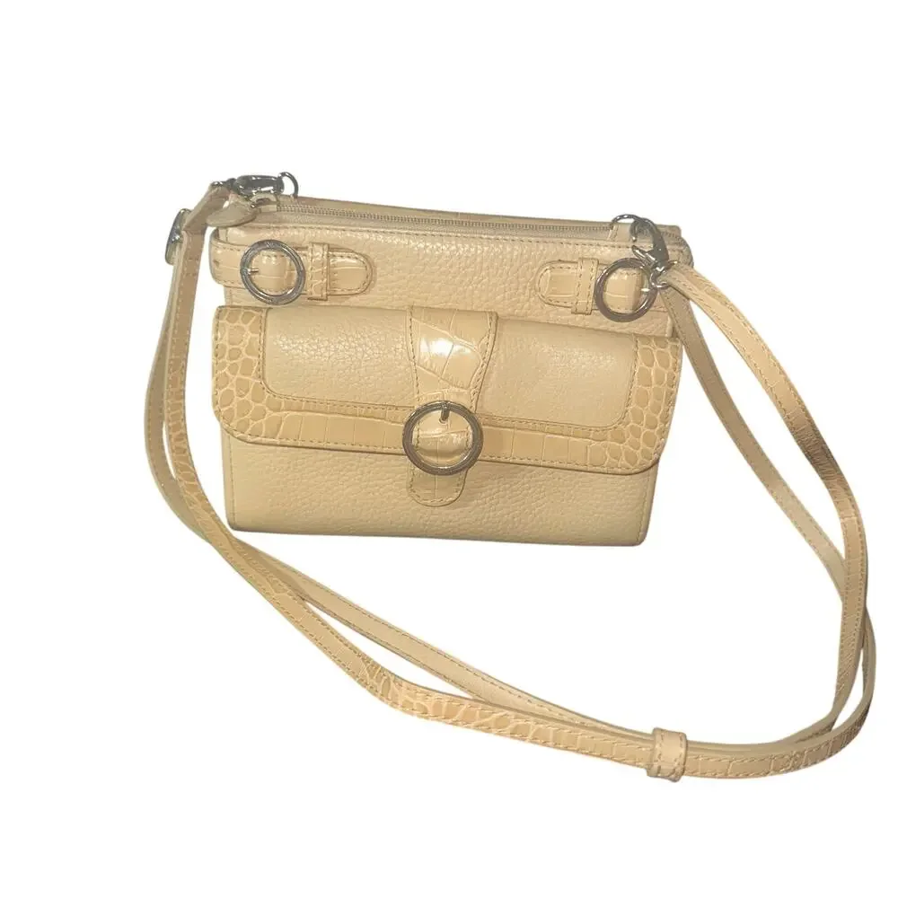 Brighton ALM Lutece Organizer Leather Croc Embossed Crossbody Purse Beige/Cream